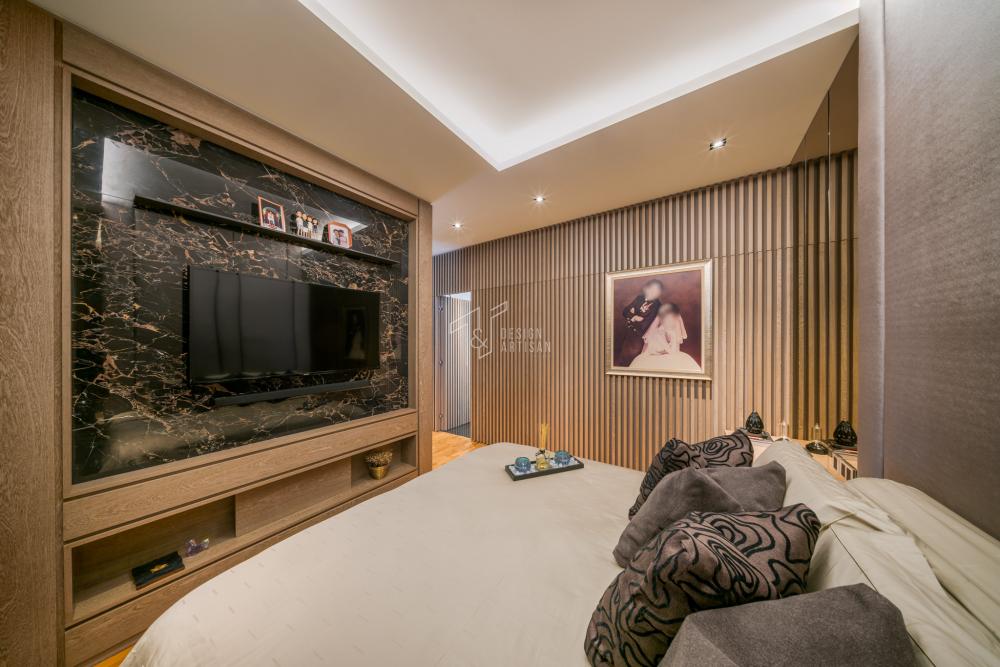 Modern Bedroom with Parquet Floor and Feature Wall