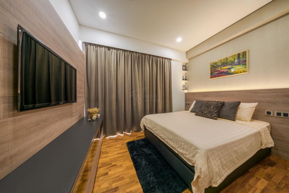 Modern Bedroom with Parquet Floor and Cove Lighting