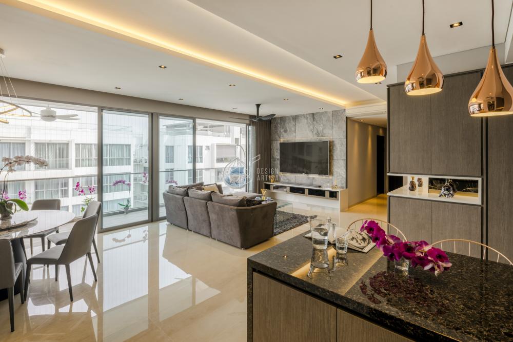 Modern Living Room with Homogeneous Tiles and Feature Wall