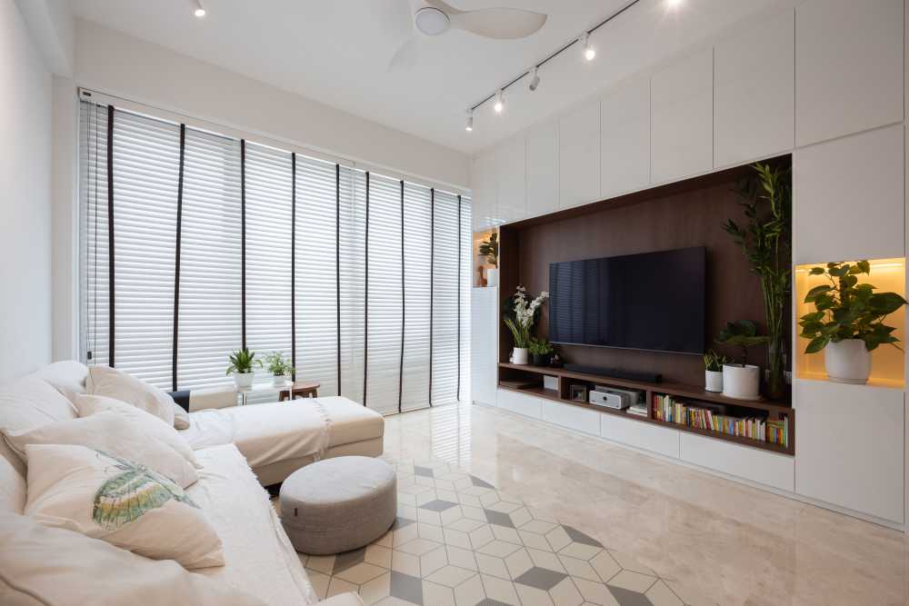 Modern Living Room with Cement Floor and TV Console