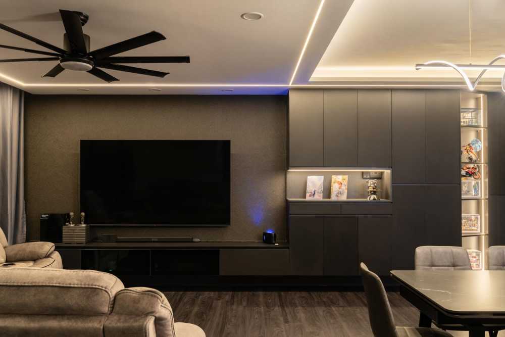 Modern Living Room with Bookshelf and Ceiling Light