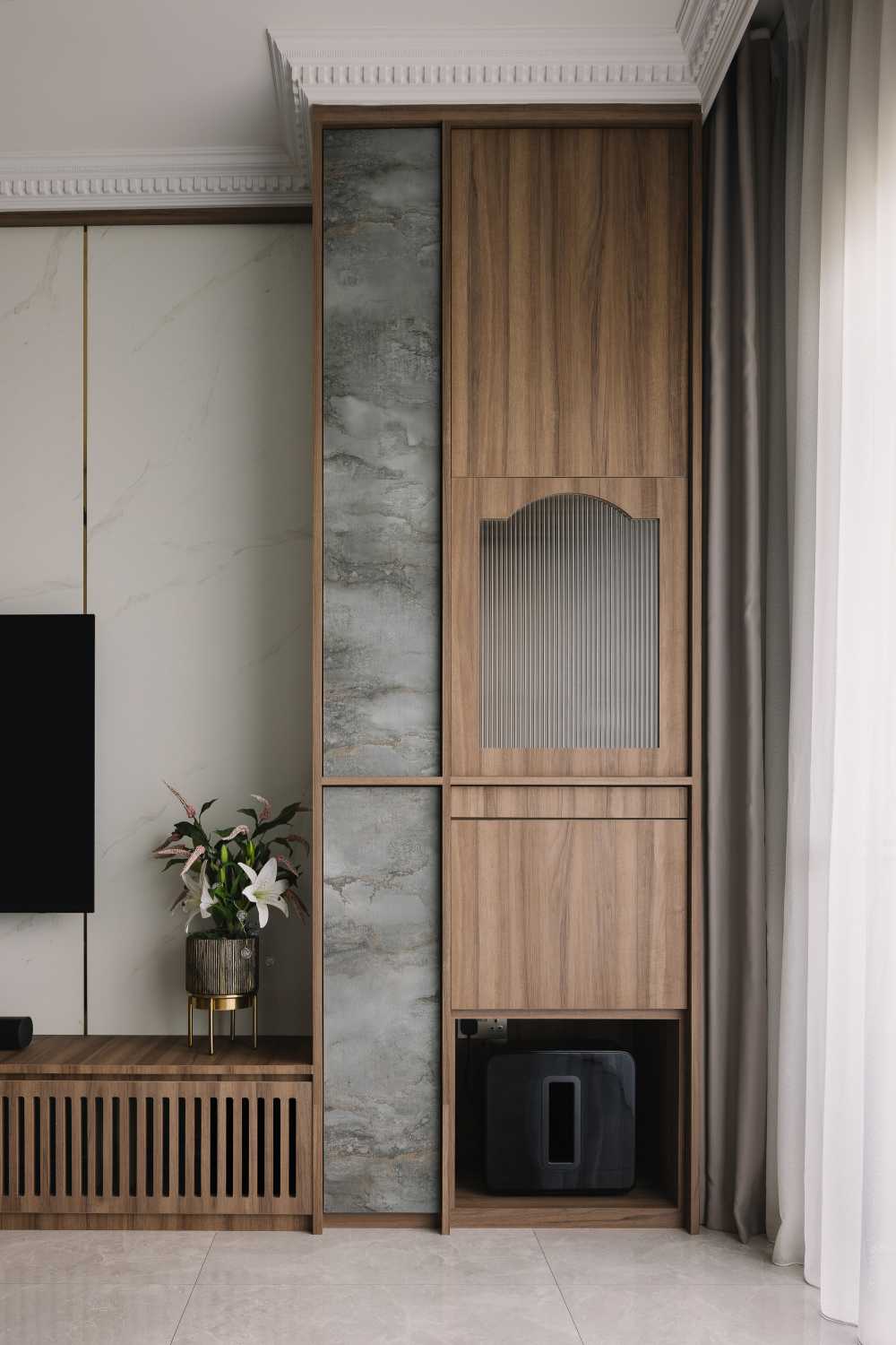 Contemporary Living Room with TV Console and Feature Wall