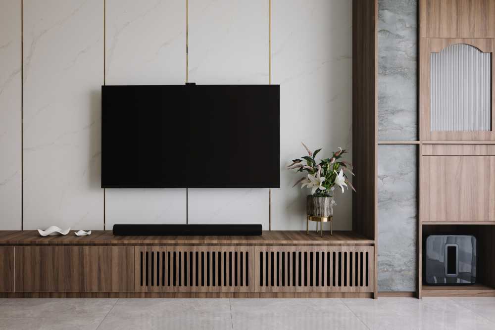 Contemporary Living Room with TV Console and Feature Wall