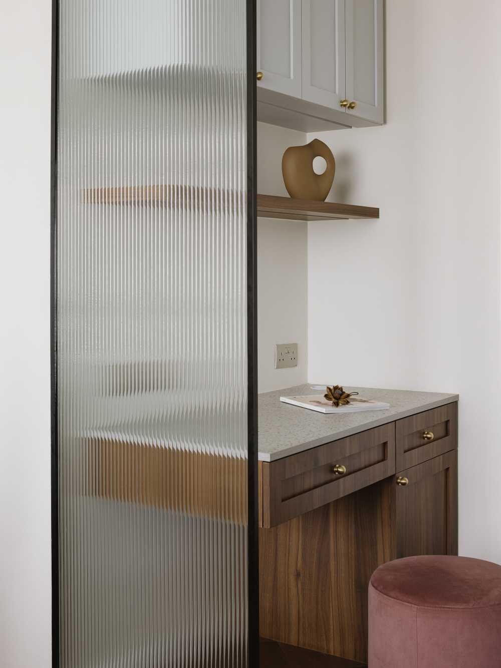Contemporary Bedroom with Storage Cabinets and Wall Shelves