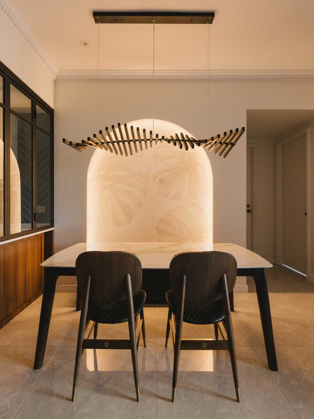 Contemporary Dining Room with Kitchen Window and Wallpaper