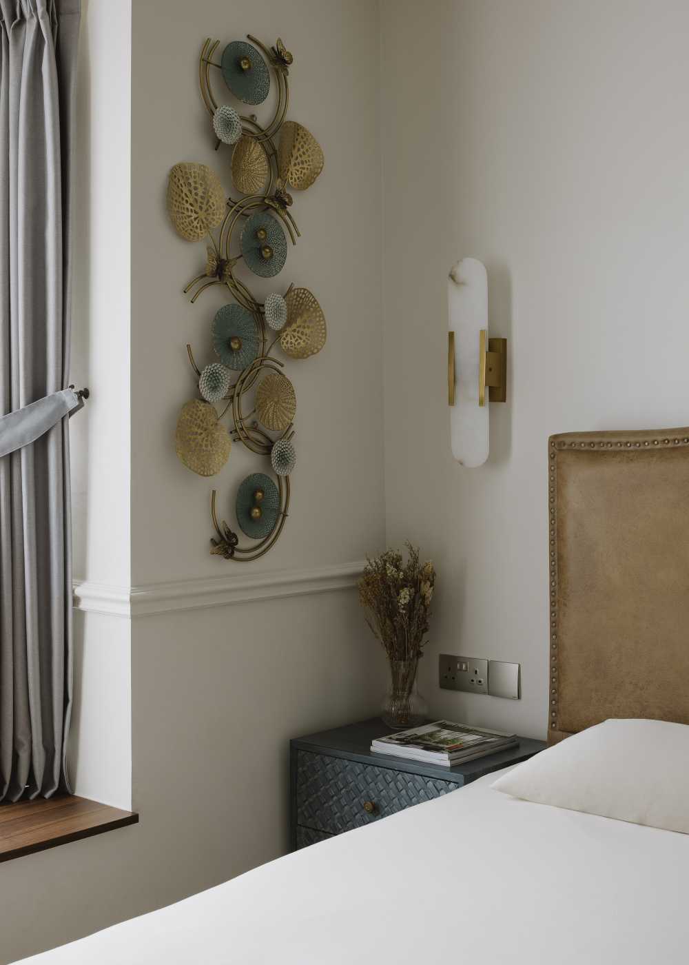 Contemporary Bedroom with Bay Window and Curtain