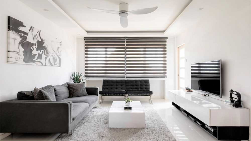 Modern Living Room with Homogeneous Tiles and Carpet