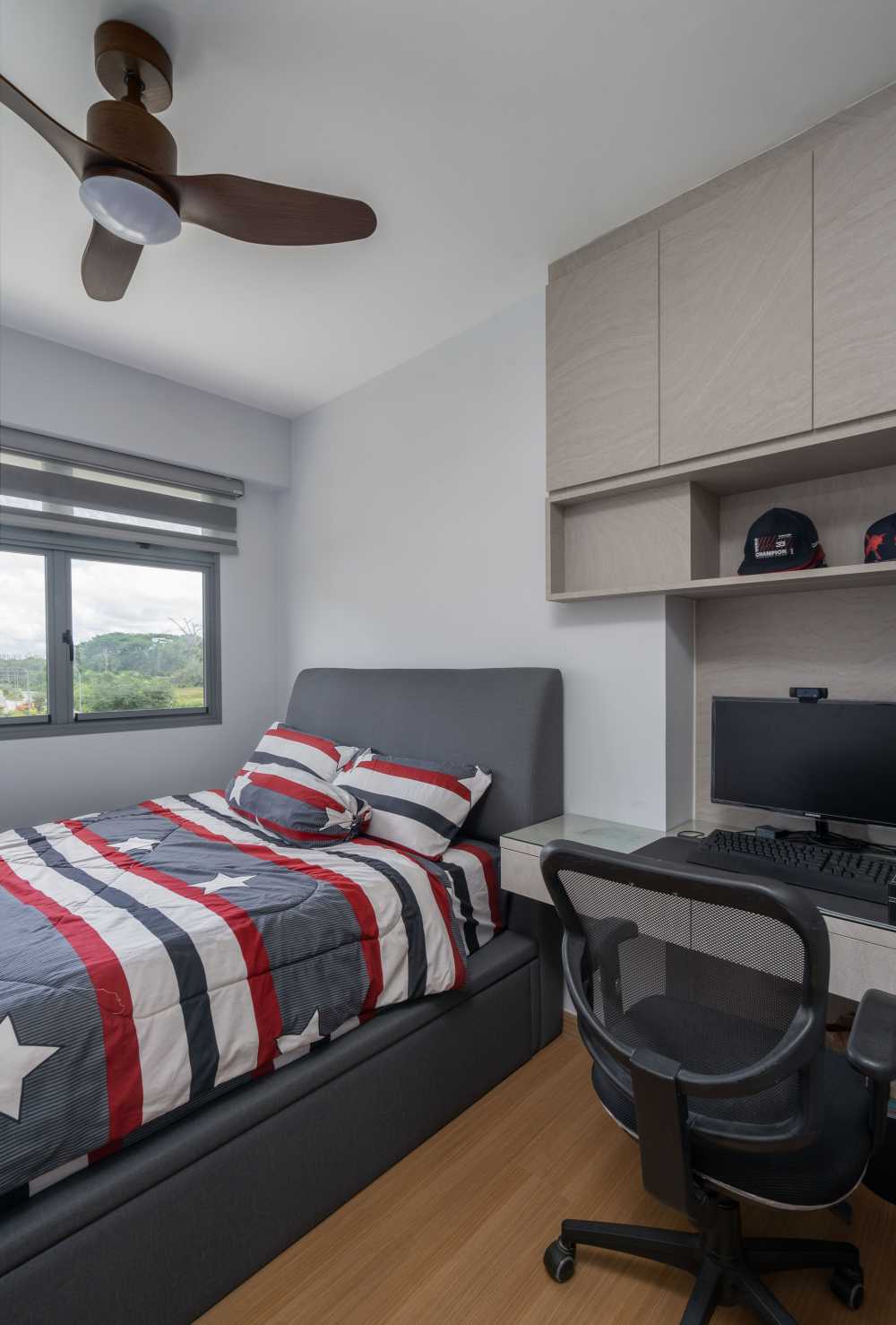 Scandinavian Kids Room with Bookshelf and Platform Bed