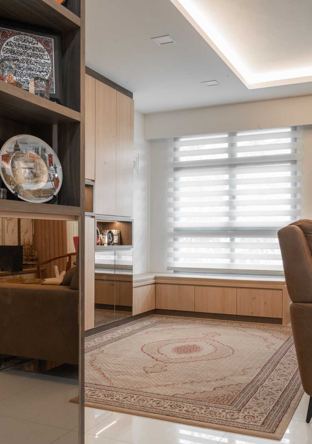 Scandinavian Living Room with Mirror and Bay Window