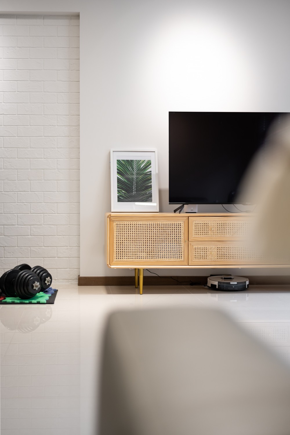 Contemporary Living Room with Homogeneous Tiles and TV Console