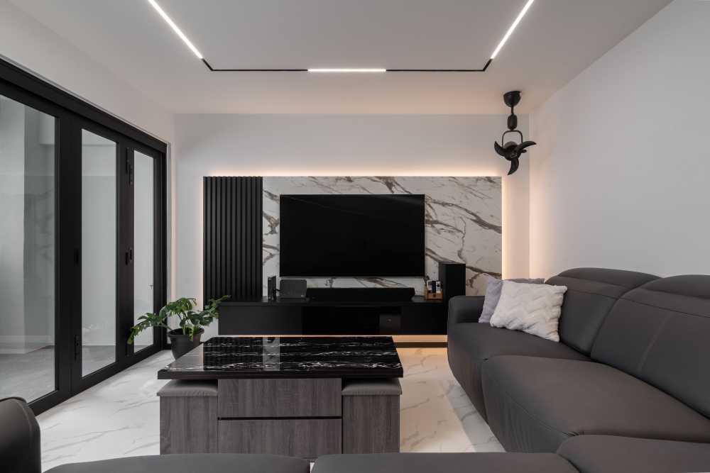 Modern Living Room with Feature Wall and Ceiling Light