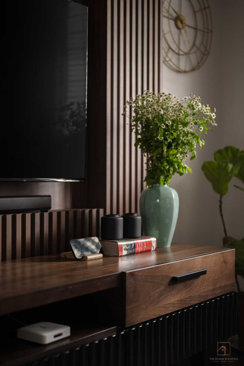 Contemporary Living Room with TV Console and Feature Wall