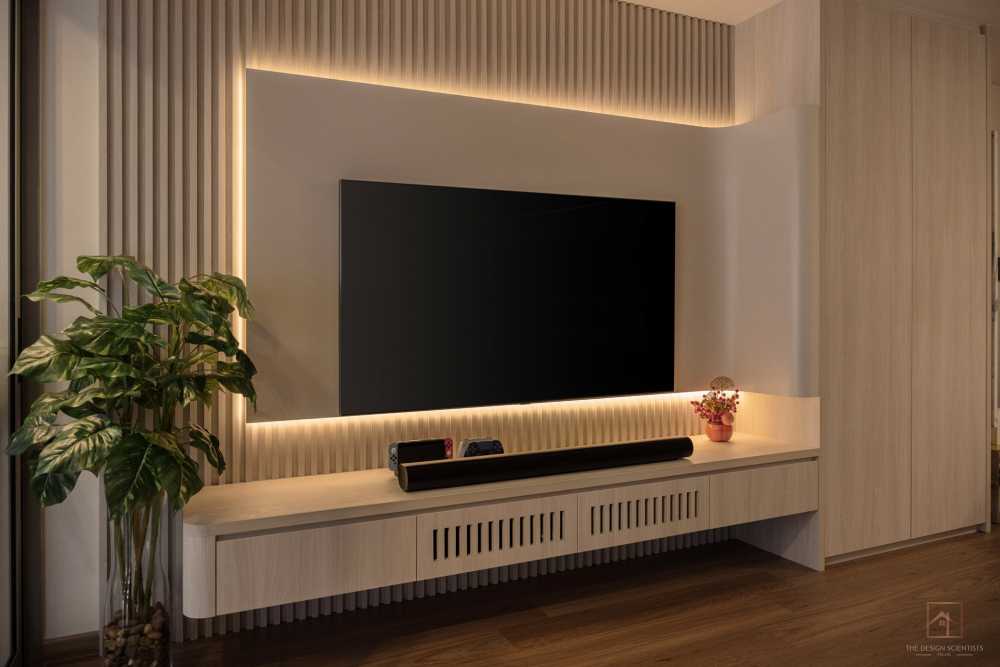 Scandinavian Living Room with Vinyl Flooring and TV Console