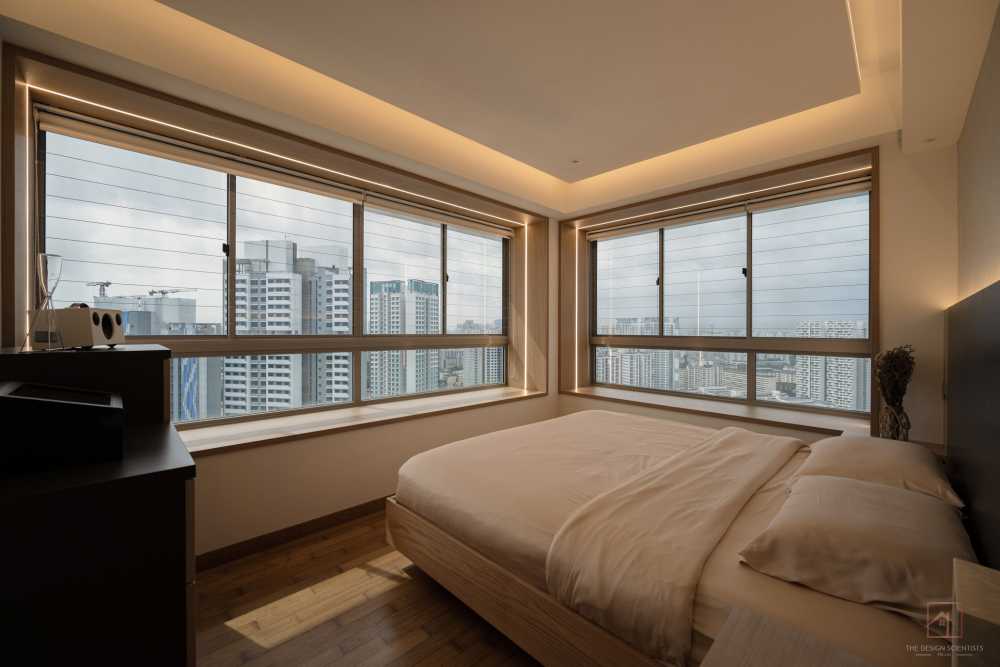 Scandinavian Bedroom with Homogeneous Tiles and Cove Lighting