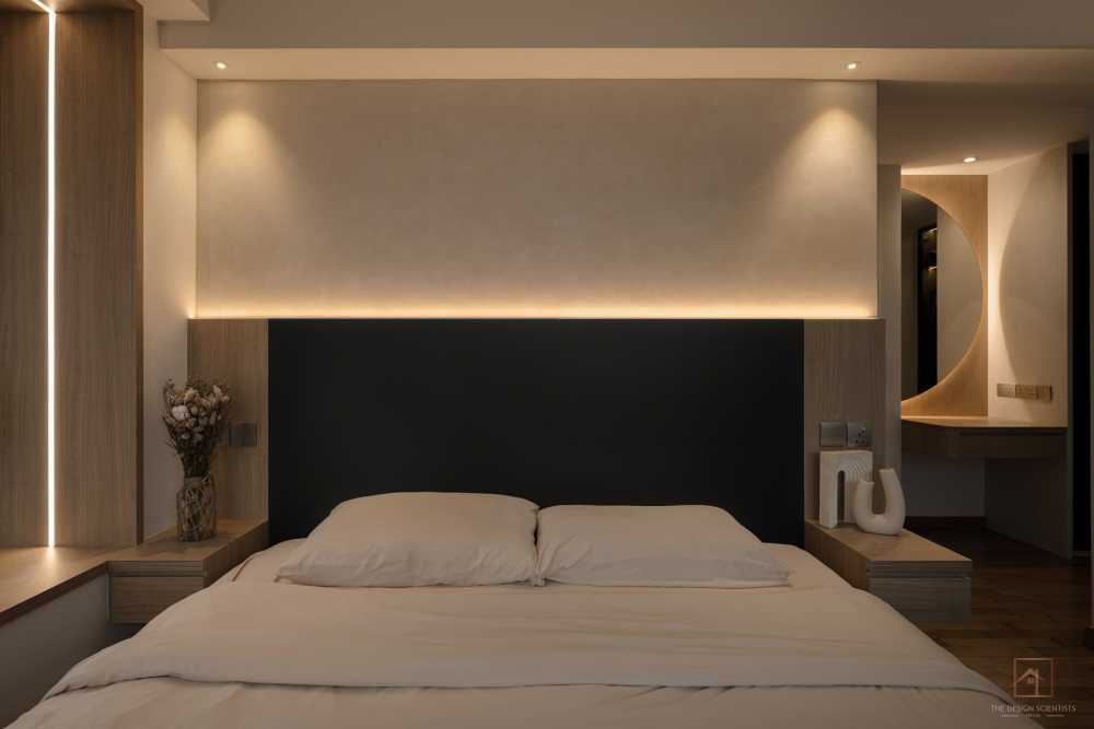 Scandinavian Bedroom with Homogeneous Tiles and Cove Lighting