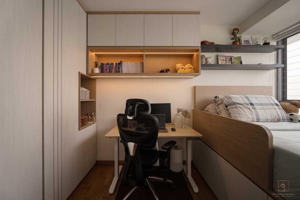 Scandinavian Bedroom with Bookshelf and Platform Bed