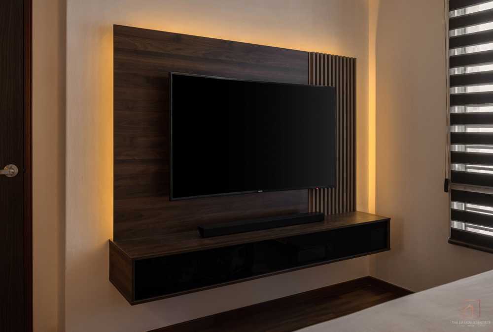 Contemporary Bedroom with TV Console and Feature Wall