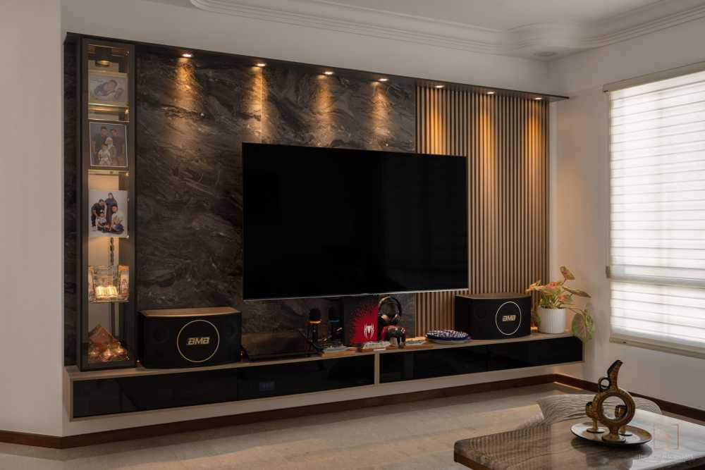 Contemporary Living Room with TV Console and Feature Wall