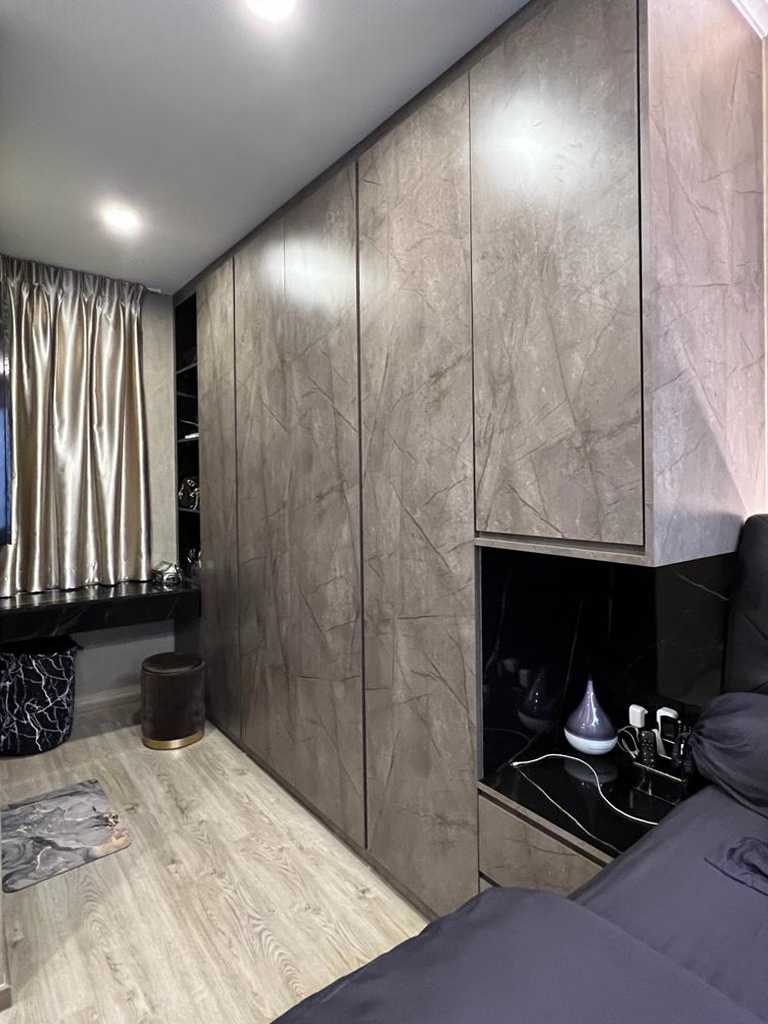 Scandinavian Bedroom with Parquet Floor and Cement Floor