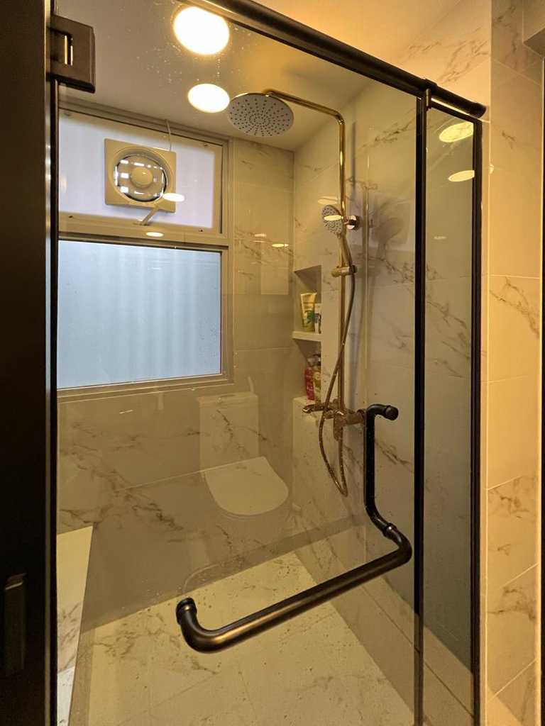 Scandinavian Bathroom with Marble Floor and Wood Flooring