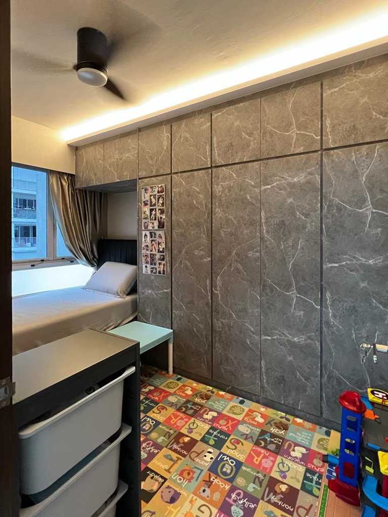 Scandinavian Bedroom with Marble Floor and Wood Flooring