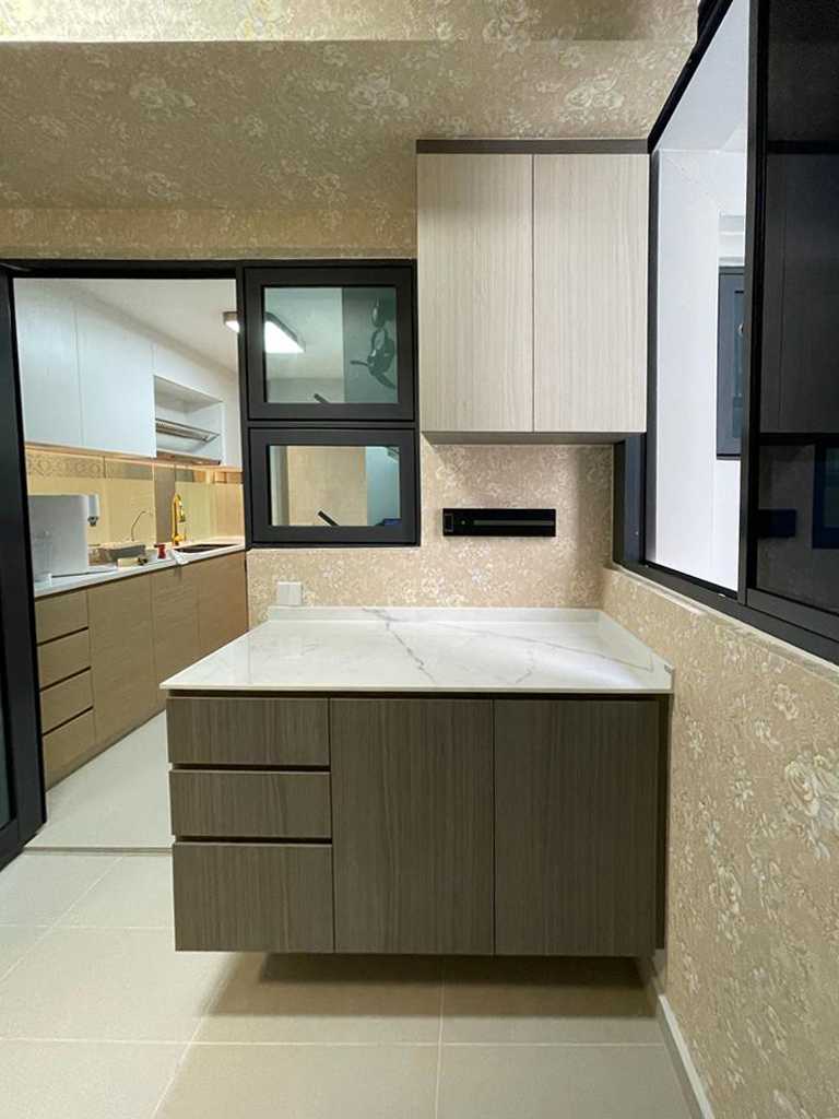 Scandinavian Kitchen with Parquet Floor and Marble Floor