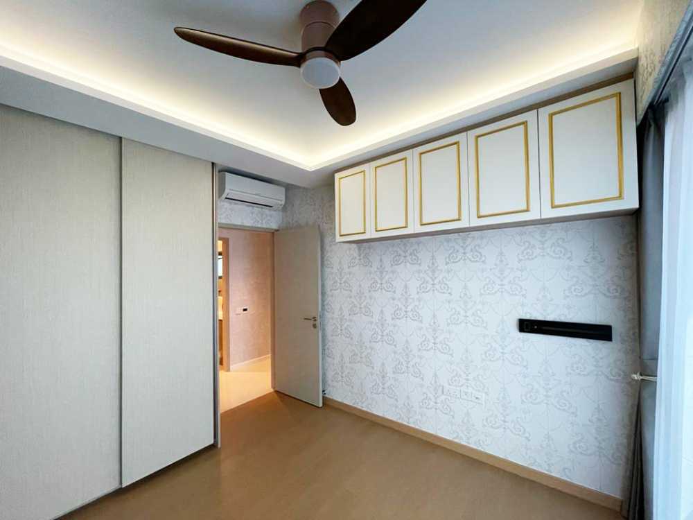 Scandinavian Bedroom with Built-in Bed and Chandelier
