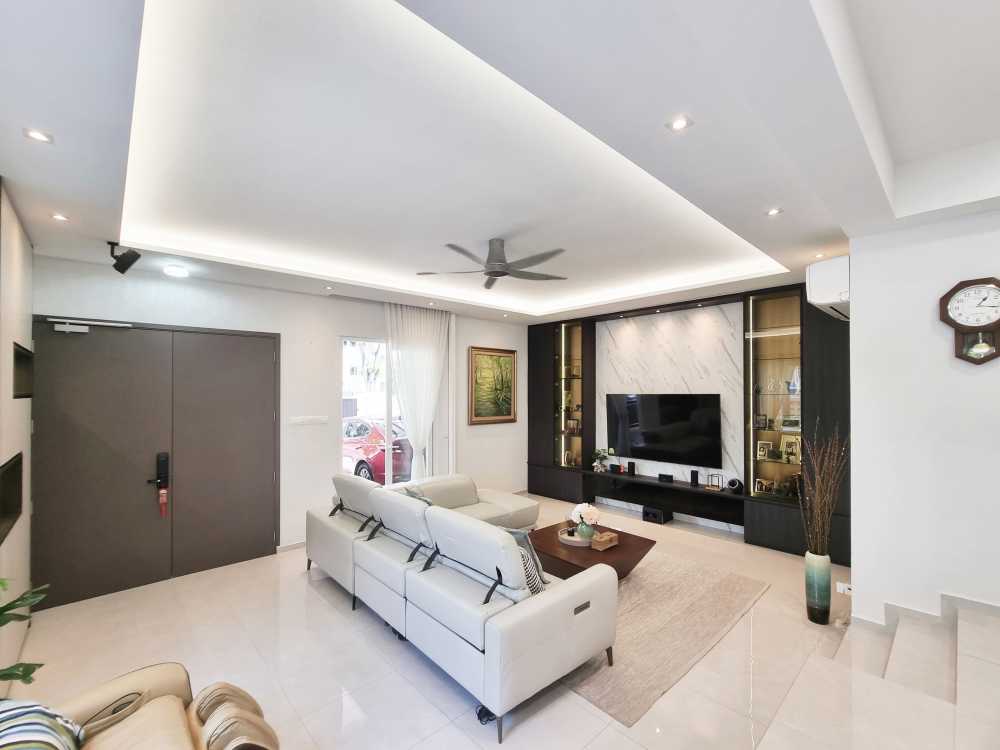 Scandinavian Living Room with TV Console and Feature Wall