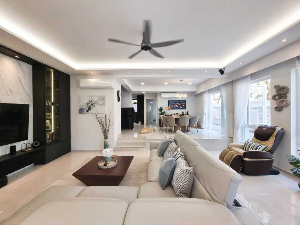 Scandinavian Living Room with TV Console and Feature Wall