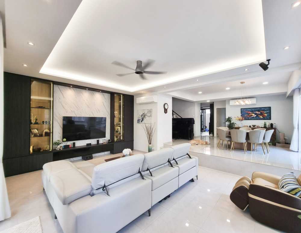 Scandinavian Living Room with TV Console and Feature Wall