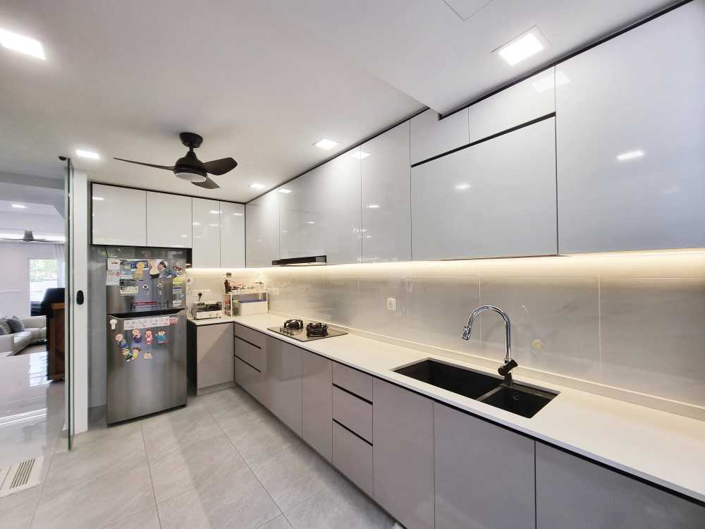 Scandinavian Kitchen with Marble Floor and Mosaic