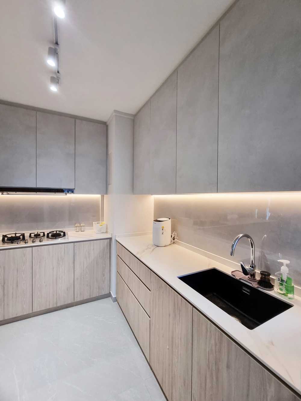 Scandinavian Kitchen with Marble Floor and Wood Flooring