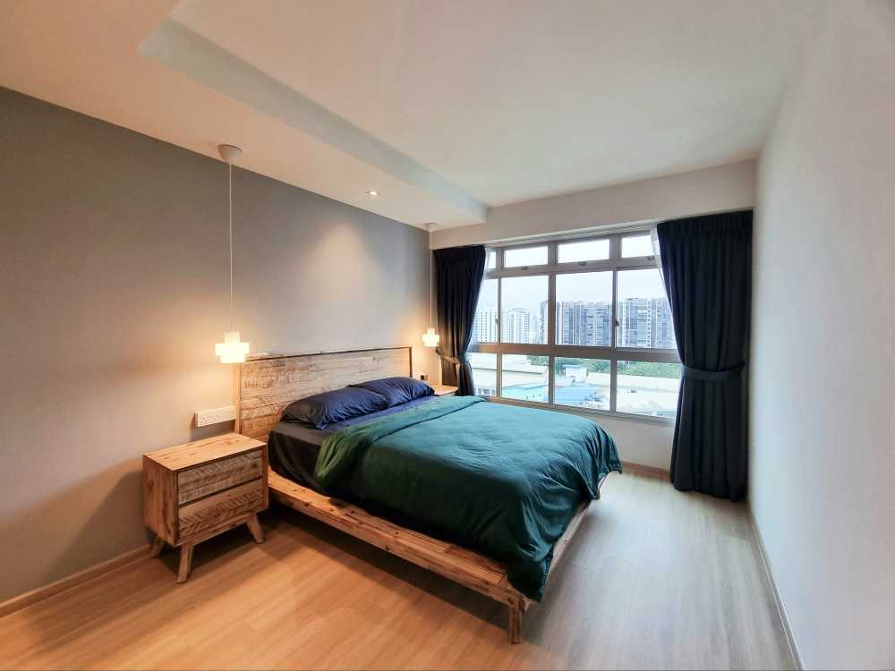 Scandinavian Bedroom with Parquet Floor and Ceiling Light