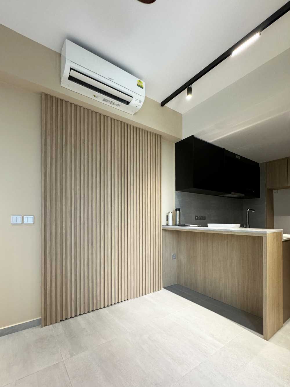 Scandinavian Living Room with TV Console and Feature Wall