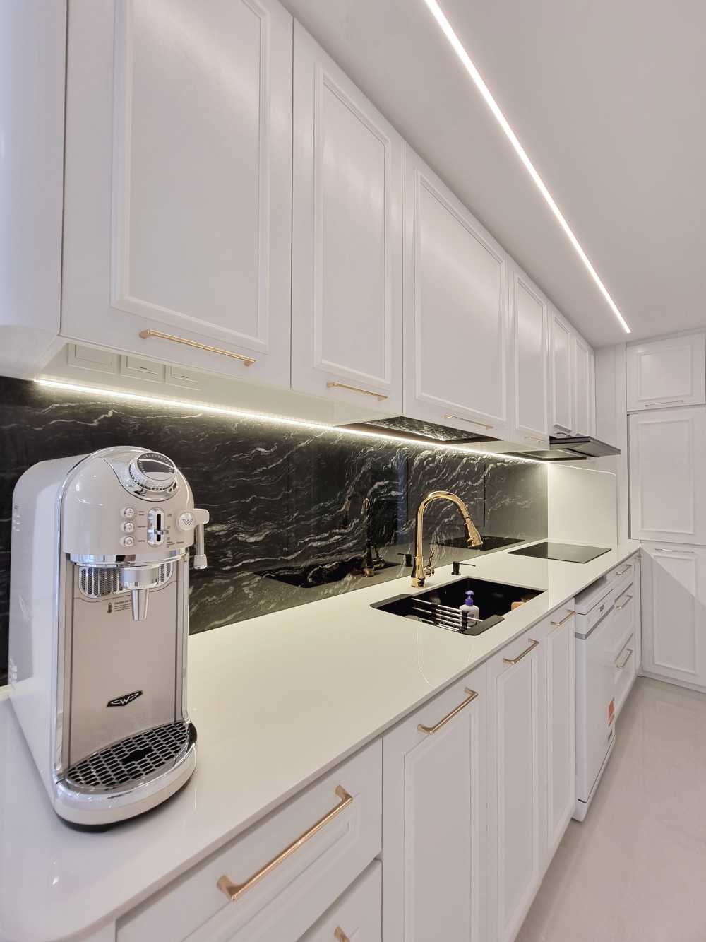 Scandinavian Kitchen with Parquet Floor and Marble Floor