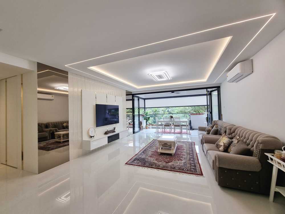 Scandinavian Living Room with Feature Wall and Drop Ceiling