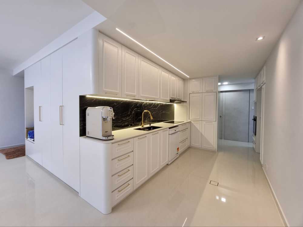 Scandinavian Kitchen with Parquet Floor and Marble Floor
