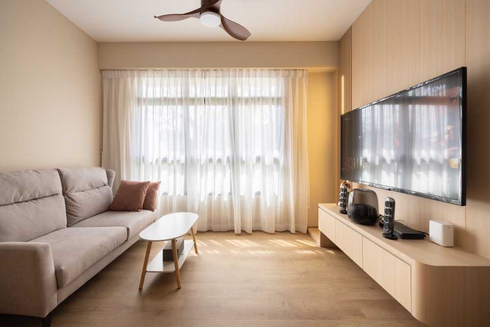 Scandinavian Living Room with Wood Flooring and TV Console