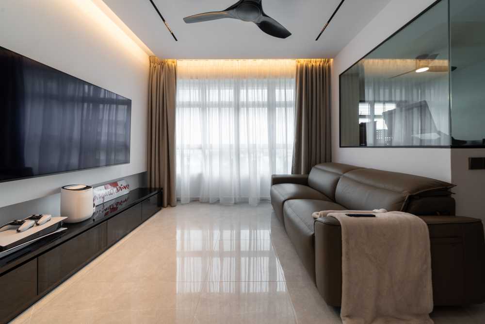 Modern Living Room with Homogeneous Tiles and TV Console
