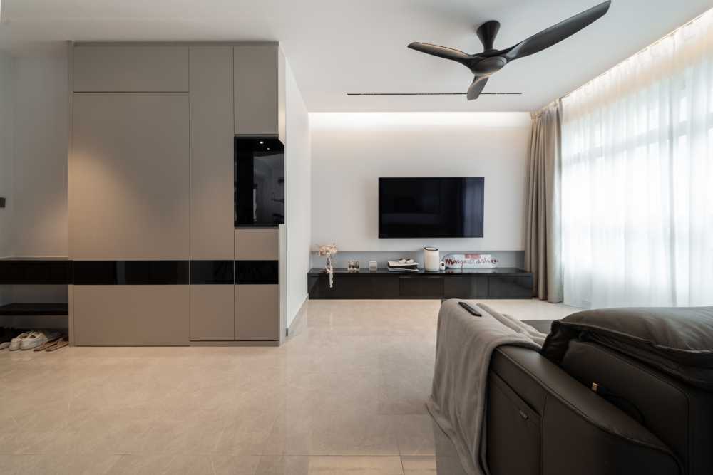 Modern Living Room with Homogeneous Tiles and TV Console
