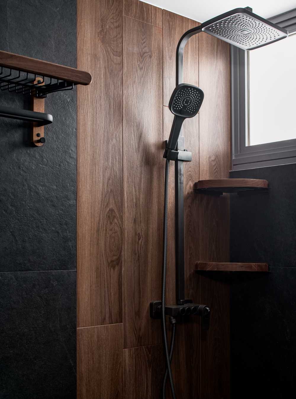 Contemporary Bathroom with Wood Flooring and Rainshower