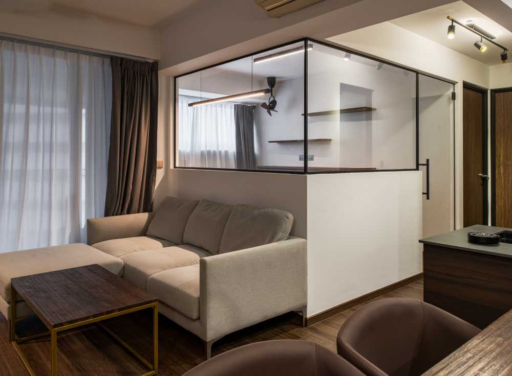 Contemporary Living Room with Vinyl Flooring and Drop Light