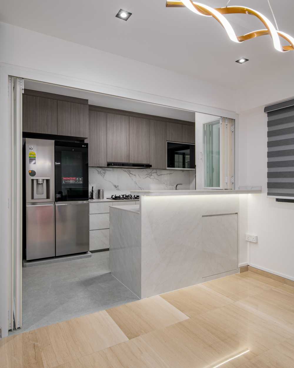 Contemporary Dining Room with Kitchen Window and Kitchen Island