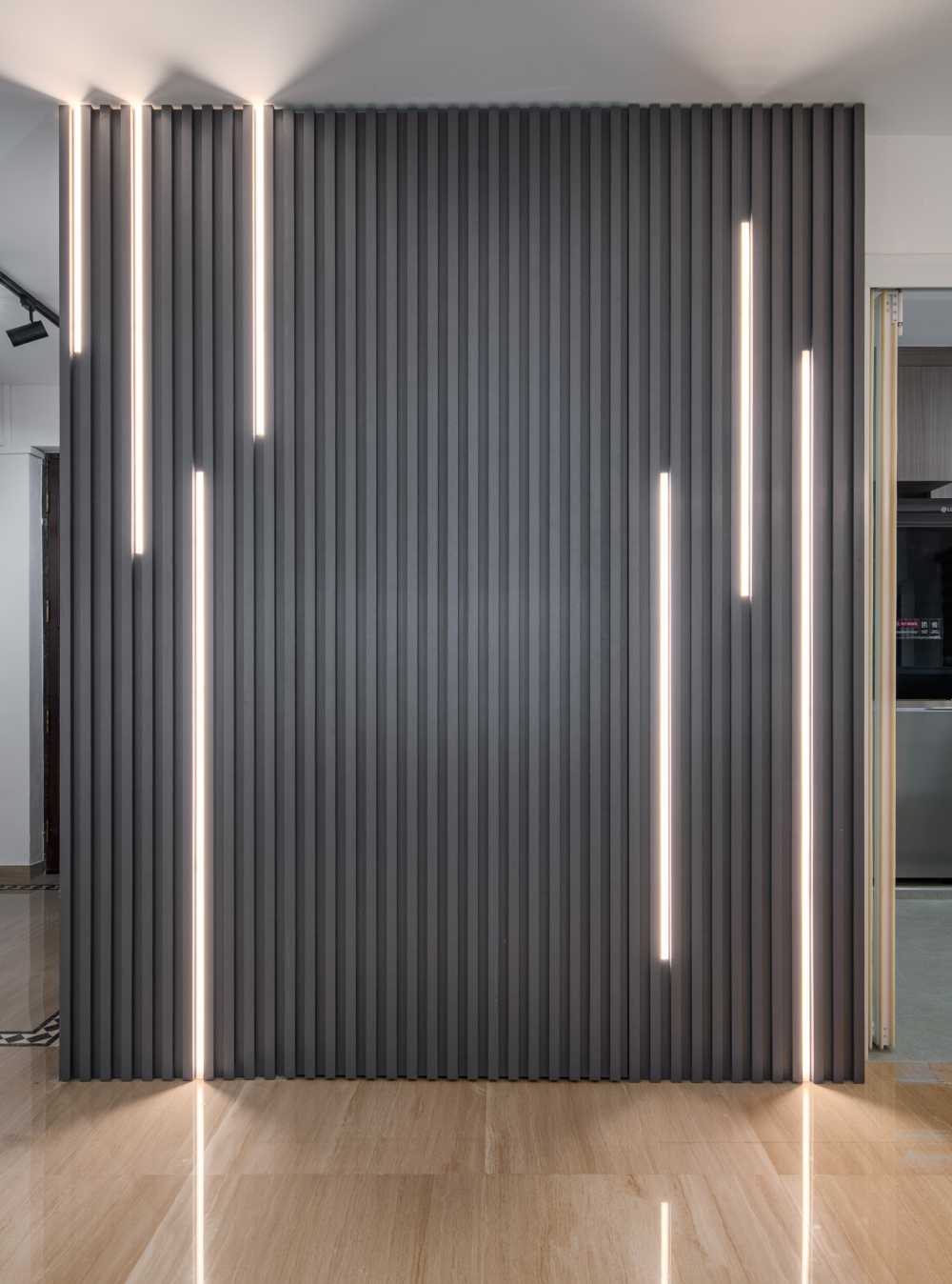Contemporary Entryway with Feature Wall and Wood Feature Wall