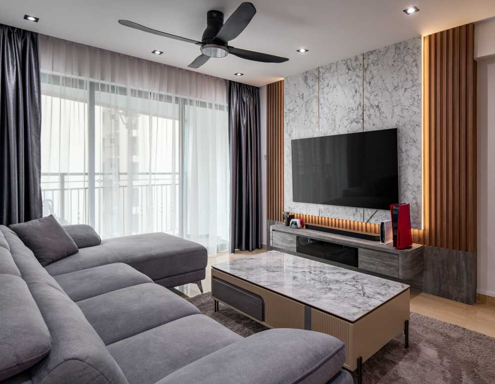 Contemporary Living Room with TV Console and Feature Wall