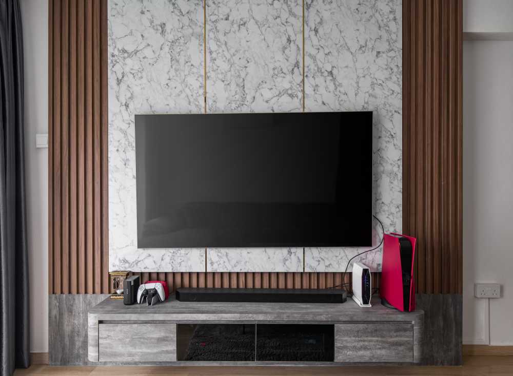 Contemporary Living Room with TV Console and Feature Wall