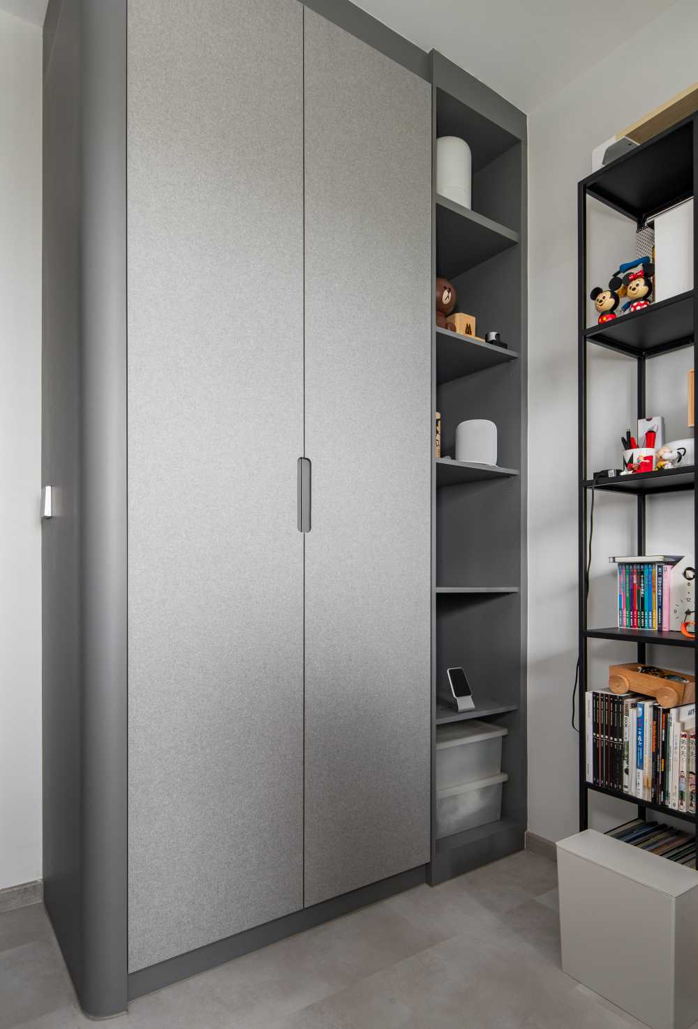 Scandinavian Bedroom with Bookshelf and Wardrobe