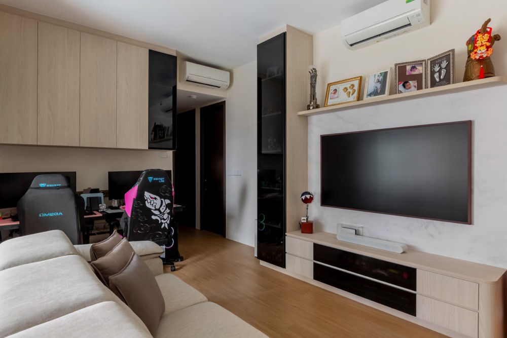 Scandinavian Living Room with Vinyl Flooring and TV Console