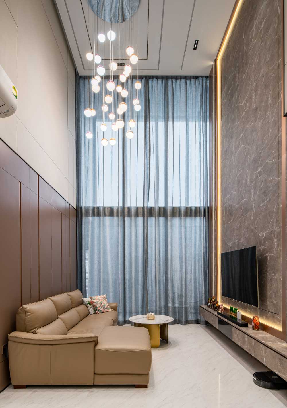Modern Living Room with Marble Floor and Feature Wall