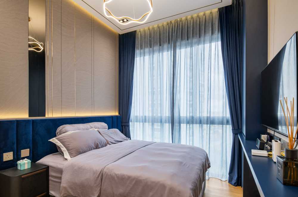 Modern Bedroom with TV Console and Drop Light